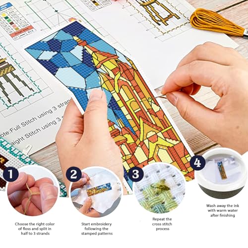 FREEBLOSS 6 Set Cross Stitch Bookmark Kit 11 CT Stamped Cross Stitch Kit DIY Embroidery Bookmark Kits for Adult Beginners with Instructions, Stained Glass Castle Pattern, 6 x 20 cm/8" x 2.4" - style: Colored Glass Castle