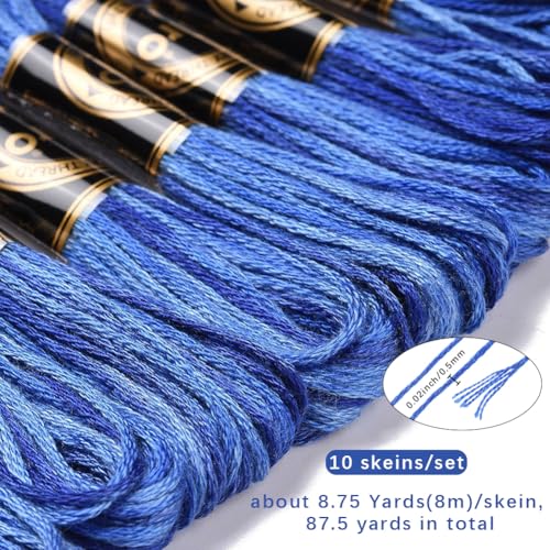 10 Skeins 87.5 Yards 6 Ply Variegated Steel Blue Cross Stitch Floss Segment Embroidery Thread Gradient Friendship Bracelet String Yarn Bulk for Sewing Making Jewelry Needlecraft Knitting - color: Steel Blue