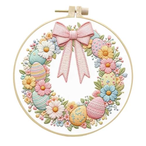 JJFox Embroidery Kit for Beginners and Adults, DIY Hand Embroidery Starter Kit with Cute Pattern, Cross Stitch Needlepoint Set with Hoop, Threads and Instructions (Easter Wreath) - color: Easter wreath