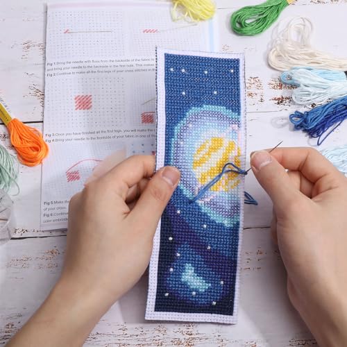 ORIGACH 6 Set Cross Stitch Bookmark Kit for Beginner Starry Sky Pattern DIY Stamped Embroidery Bookmark Kit with 20 Colors Embroidery Floss Instructions 8''x2.4'' - style: Starry Sky