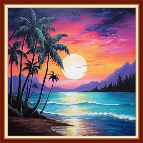 Findvoor Stamped Cross Stitch Kits for Beginners Full Range of Cross Stitching Embroidery Pattern for Adults, 11CT DIY Needlepoint Embroidery Starter Kits-Moon Born in the sea 17.7x17.7 inch - color: StampedKits 20