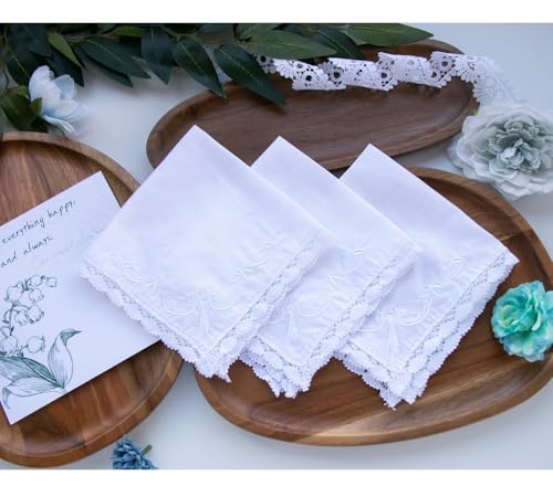 MileyMarla Ladies Embroidery Cotton White Handkerchiefs Lace Wedding Hankies - color: J04-3pcs a