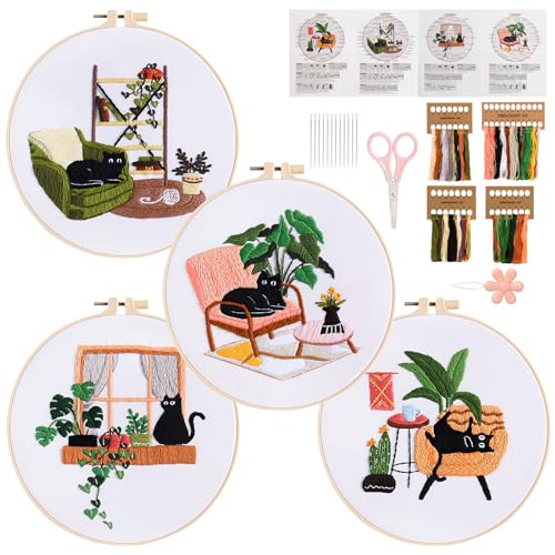 4 Sets Black Cat Embroidery Kit for Beginners with Tool Set Cat Pattern - color: Black Cat