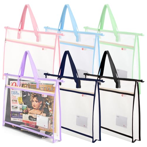 Kenaeooe 6 Pack 18x13x2.8 Inches A3 Project Bags Sewing Project Bag with Zipper and Handle Clear Mesh Craft Organizer Storage for Quilting, Artworks, and Travel Supplies