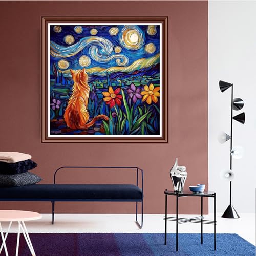 Dimensean Counted Cross Stitch Kit for Beginners, 11CT Unprinted Cross-Stitch Kit Easy Patterns Needlepoint Kit Cross Stitching Embroidery Kit Supplies-Star Moon Cat 18x18 inch - color: ColorDIY17