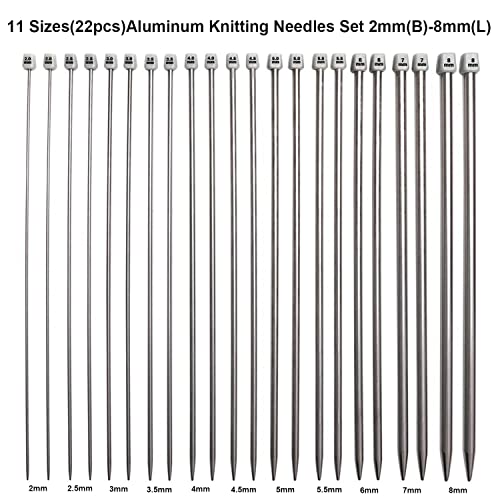 Mdoker Aluminum Knitting Needle Set with Case 22pcs Straight Single Pointed Kniting Needles 13.5inch Length Sweater Needles for DIY Knitting Projects(2mm-8mm) Knitting Set with Accessories