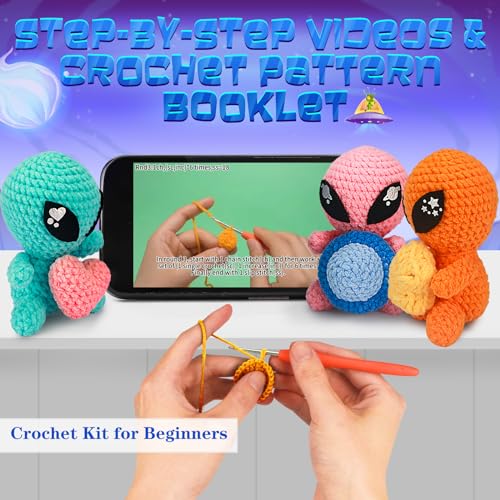 ekaus Crochet Kit for Beginners, Crochet Kit with Step-by-Step Video Tutorials, Crochet DIY Knitting Supplies for Adults, Crochet Aliens(45%+ Yarn) - color: Crochet Aliens