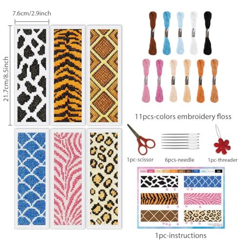 INFUNLY 6pcs Animal Textures Cross Stitch Bookmark Kit for Beginners DIY Leopard Print Embroidery Bookmark Kits Zebra Stripes Needlepoint Kit with Instruction Easy Cross Stitch Set for Book Readers - style: Animal Patterns
