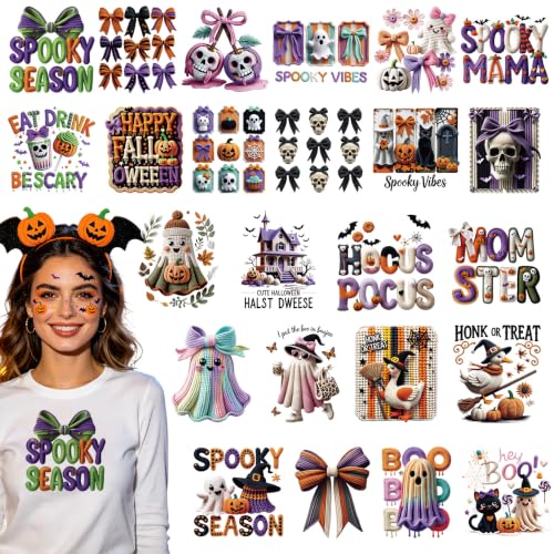 Dazoratix Halloween Iron on Transfers - 24 Sheets Spooky Ghost DTF Ready to Press Funny Boo Bow Pumpkin Heat Patches Vinyl Stickers Decal for T Shirts Clothes Hoodies Pillow Bag DIY Crafts Decorations - style: Spooky Halloween