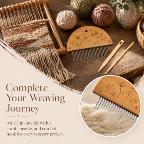 SEWACC Wood Hand Loom Comb Set, Weaving Comb with Needle and Crochet Hook, Wood Knitting Loom Tool for DIY Tapestry Knitted Crafts