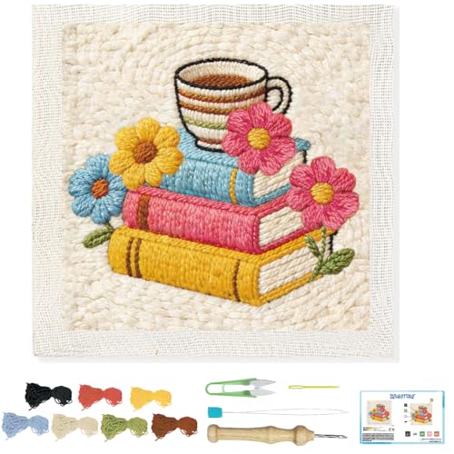 BEUNITONE Book and Flower Punch Needle Kit for Adults Beginners, Complete DIY Craft Embroidery Kits with Hoop, Punch Needle Starter Craft Set for Festival Gift and Home Decor 9.4x9.4in - color: 03-Book Flower