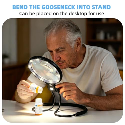 Dilzekui 5X&10X Neck Handheld 2-in-1 Magnifying Glass for Reading w/Light - color: Black