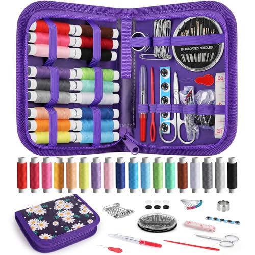 Coquimbo Sewing Kit Gifts for Kids Mom Grandma Adults Beginner Traveler, Portable Sewing Supplies Accessories Contains Thread, Needle, Scissors, Measure Tape, Thimble (Daisy) - color: Purple, size: M