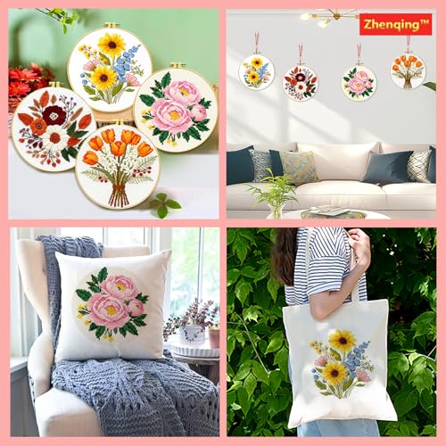 Zhenqing 4-Piece Floral Cross Stitch Kit for Beginners - Complete Set with Pre-Printed 11CT 24x24cm Fabric, Hoop, Threads & Tools (Sunflower, Peony, Tulip Designs)(70362) - color: 70362