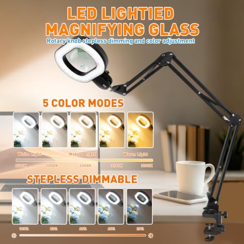 Magnifying Glass with Light and Clamp, 5in 12X 30X Extended Arm - size: 5IN-2