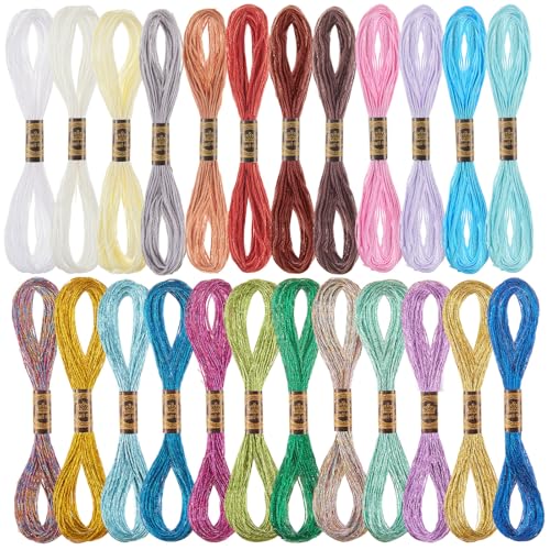 WILLBOND 24 Pcs Metallic & Cotton Embroidery Floss, 24 Vibrant Colors, Polyester Blend, 8.75 Yards Each, Ideal for Embroidery, Cross-Stitch, DIY Crafts - color: Vibrant Color