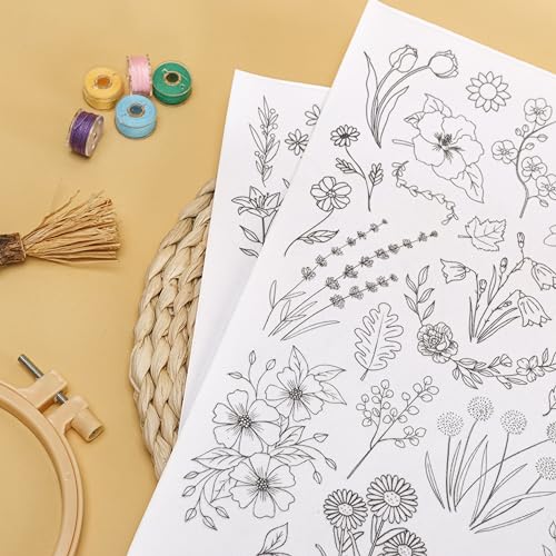 Patemby Embroidery Pattern Water Soluble Embroidery Stabilizers, Stick and Stitch Embroidery Paper Wash Away with Pre-Printed Pattern Designs Stencils Transfers for Hand Sewing Lover Beginner - color: Floral, Pack of 2