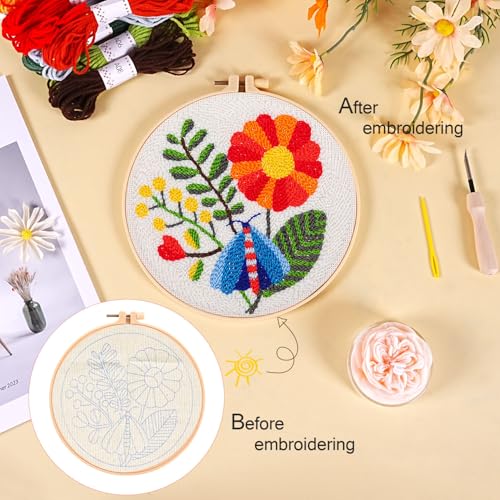 KESTAR Punch Needle Embroidery Starter Kits, Flower Dragonfly Punch Needle Kits for Adults Beginner, Needle Punch Kit Tool with Instruction Threader Fabric Yarns and Hoop - color: Red Flower