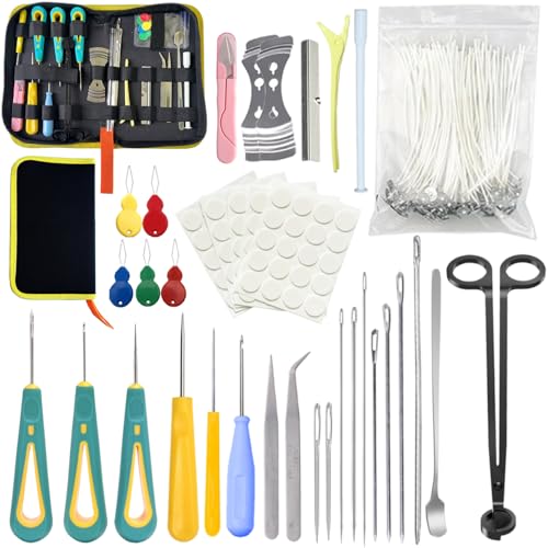 136PCS Professional Candle Making Kit with Soy Candle Wicks,Big Hole Long Wicking Needle for Molds with Storage Bag,Wick Trimmer,Mold Hook Eye Punch Needle for Candle Lover Beginner - color: 136pcs
