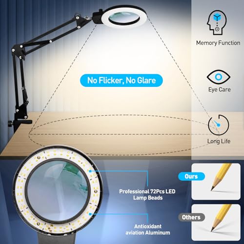KIRKAS 12X Magnifying Glass with Light and Stand, Overhead Dual Knob - size: 12X 22 INCH Clamp