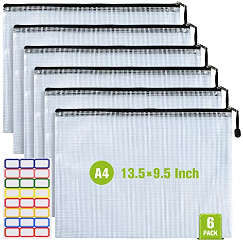 6PCS Mesh Zipper Pouch Bags: A4 Clear Zipper Pouches for Classroom, Black - color: Black, size: A4 (13.5×9.5 inch)