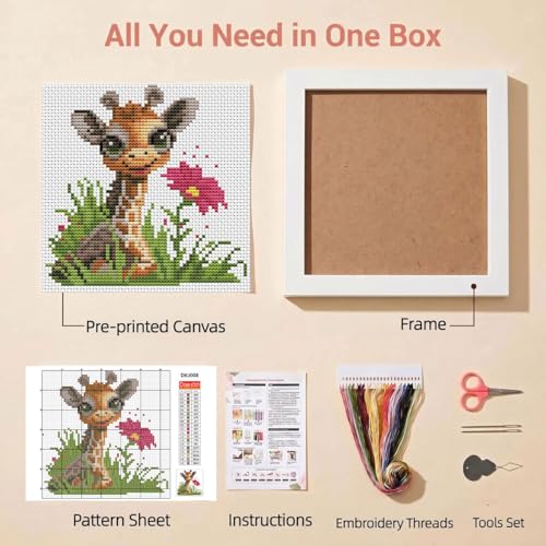 Cute Giraffe Stamped Cross Stitch Kits for Beginners Adults with Framed - color: DKJ008