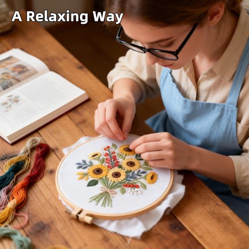 Herdiese Embroidery Kit for Beginners & Adults with Flower Pattern - color: Flower-A