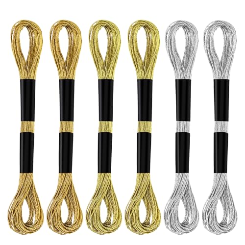 6 Skeins Metallic Embroidery Threads (Gold+Light Gold+Silver) - color: Gold+Light Gold+Silver