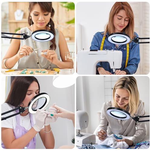 Magnifying Glass with Light and Stand, 3 Color Mode & 10 Dimmable Levels, Hands Free Lighted Magnifier with Clamp, LED Magnifying Desk Lamp for Close Work, Reading, Crafts, Painting Miniatures