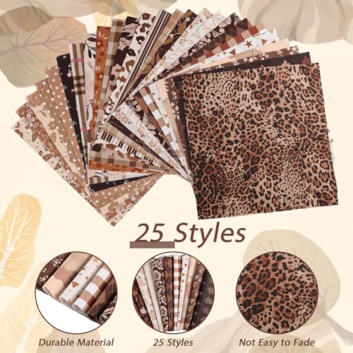 25 Pcs Brown Cotton Fabric Squares, 10 x 10 Inch, Precut - color: Brown Floral