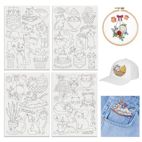 4 Sheets Water Soluble Embroidery Patterns Stabilizers Kitty Theme Embroidery Stick and Stitch Paper with Pre-Printed Cute Cats Patterns for Hand Sewing Lover Beginners - style: Cat