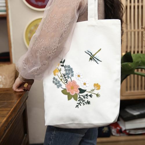 Yangshine Canvas Tote Bag Embroidery Kit with Pattern, Cross Stitch Kits for Beginners, Adults Arts Crafts Needlepoint Kit Include Embroidery Bag, Hoop and Instruction (Beige Bag, Flower and Dragfly) - color: Beige Bag, Flower and Dragfly