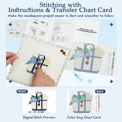 Kaitiaki 18 mesh Needlepoint Canvas Kit, 8 in Painted Canvas Set with Embroidery Floss, Needles, Guide Card, Instruction, Threader, Scissors & Project Bag for Crafter Gift(Tote Bag) - color: Tote Bag, size: 18 mesh