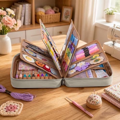 AMOIGEE Sewing Bag Organizer with 17 Clear Pockets and Tool Holders - color: Greige