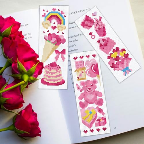 ORIGACH 6 Set Valentine's Day Pink Elements Cross Stitch Bookmark Kit - style: Pink Elements