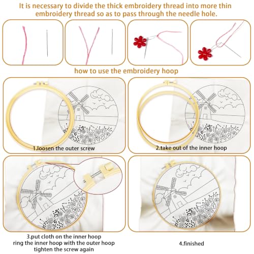 BEUNITONE 4 Set Embroidery Kits for Beginners, Pink Scenery Design with Pre-Stamped Pattern Craft Kits Include Instruction and Hoops, 7.9"x7.9" Needlepoint Kits for Festival Gifts and Home Decor - style: C-Dreamy Scenery