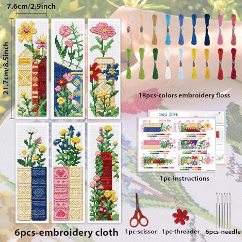 ACRNIGHEET 6PCS Stamped Cross Stitch Bookmark Kit for Beginners Flower 11CT - style: Book Flower Patterns