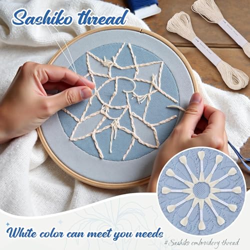 Zeyune 12 Pcs Sashiko Thread Kit with Needles, White, 100% Cotton 20m Each - color: White