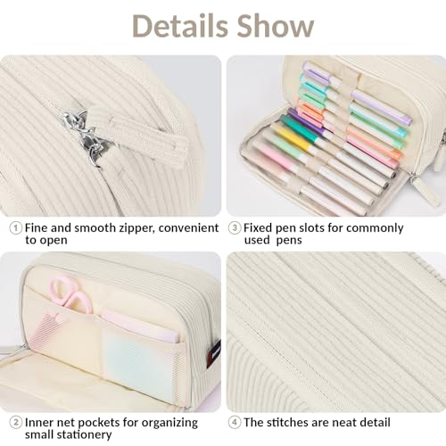 Sooez Big Capacity Pencil Case Pen Pouch, Soft Corduroy Pencil Bag - color: Beige