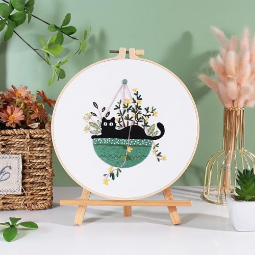 Embroidery Kit for Beginners, Adult Stamped Kits with Cat Floral Patterns