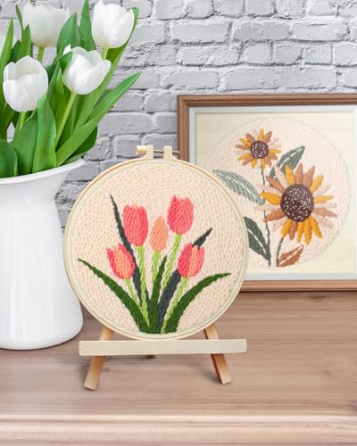 ERKOON Punch Needle Kit Adults Beginners, 2 Pcs DIY Easy Flower Embroidery Set for Starter Art Craft, Needling Punching Project with Patterns, Tools, Yarns, Hoop, Instruction (Sunflowers & Tulips) - color: Sunflowers & Tulips