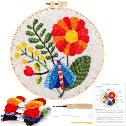 KESTAR Punch Needle Embroidery Starter Kits, Flower Dragonfly Punch Needle Kits for Adults Beginner, Needle Punch Kit Tool with Instruction Threader Fabric Yarns and Hoop - color: Red Flower