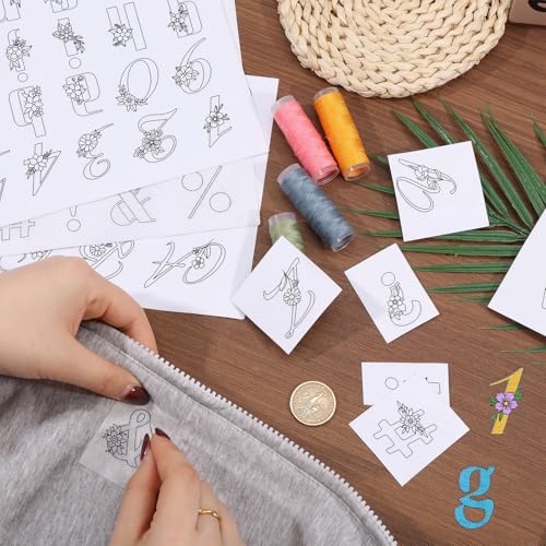 ORIGACH 4 Sheets 143 Pcs Water Soluble Embroidery Patterns Stabilizers - Pre-Printed Letter, Number & Floral Hand Sewing Stabilizers- Stick & Stitch Embroidery Patterns for Hand Sewing Beginner - color: Letter Number & Floral