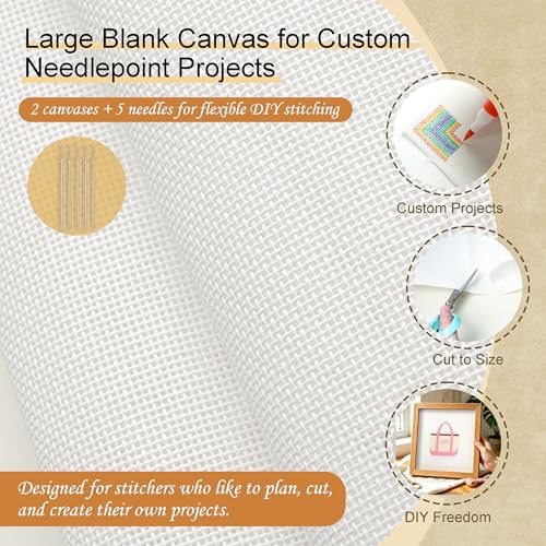 Kaitiaki 13 Mesh Needlepoint Canvas 20 x 18 Inch, 2 Pack 100% Cotton 13CT Blank White Sheets with 5 Needles, No-Fold Rolled Refill Pack for DIY Needlepoint Embroidery Crafts - color: White 13mesh-20x18 in
