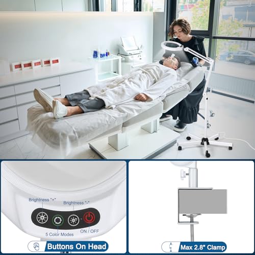15X Magnifying Glass with Light and Stand, Super Bright 2,200 Lumens LED Magnifying Floor lamp with 5 Wheels Rolling Base, 5 Color Modes Stepless Dimming Lighted Magnifier for Esthetician Facial Salon - color: White