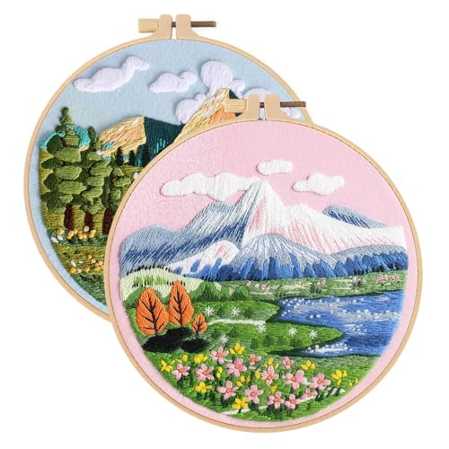 spicssa 2PCS Embroidery Kit for Beginners, Hand Needlepoint Kits for Adults with Pre-Stamped Patterns, 7.8-Inch Hoop, Threads & Needles, Step by Step Instructions - color: Scenery