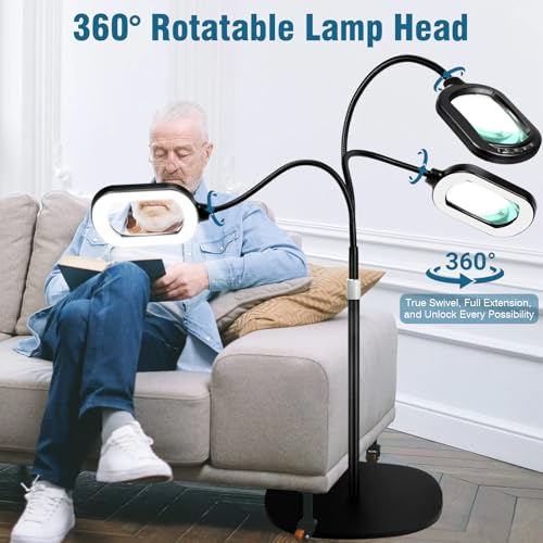 Large Magnifying Glass with Light and Stand, 15X Rectangle Optical Real Glass Lens, Height Adjustable Gooseneck Magnifier Floor Lamp, 5 Color Modes LED Dimmable Lighted Hands Free for Close Work Craft - color: Black