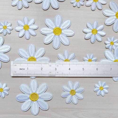 24pcs Daisy Flower Iron on Patches White, 3 Sizes Floral Embroidered Patches Applique for Clothes Hats Jeans Jacket - color: White Daisy