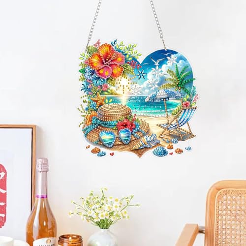 ARPADAMO Hanging Diamonds Art kit for Adult,DIY Summer Beach Pendant Diamonds Painting Art Kit, 7.2x7 inch Acrylic Diamonds Painting Board Kit Ornament, Special Crystal Diamond Hanging Ornament - color: DP00886