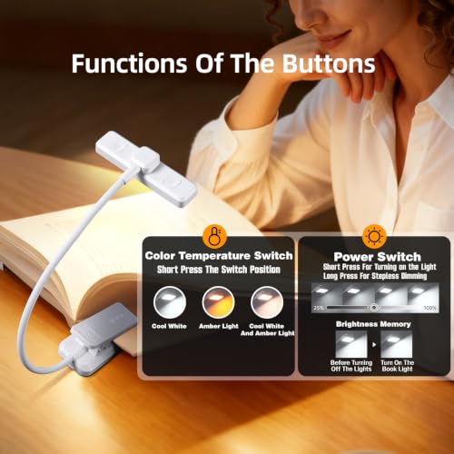 VAVOFO 24 LEDs Rotatable Book Light, Rechargeable Clip Reading Lamp, White - color: White